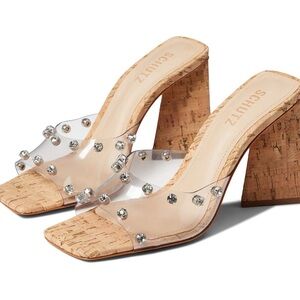 SCHUTZ Lizah Cork Crystals Embellished Architectural Block Heel Sandals 9.5